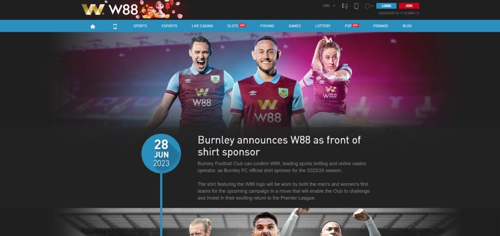 Screenshot of the W88 website featuring an announcement of their sponsorship of Burnley Football Club for the 2023/24 season. The image highlights Burnley players, both male and female, wearing jerseys with the W88 logo prominently displayed. The date '28 June 2023' is shown in a timeline graphic. The text below provides details about the partnership, emphasizing W88 as the front-of-shirt sponsor for Burnley's men's and women's first teams.